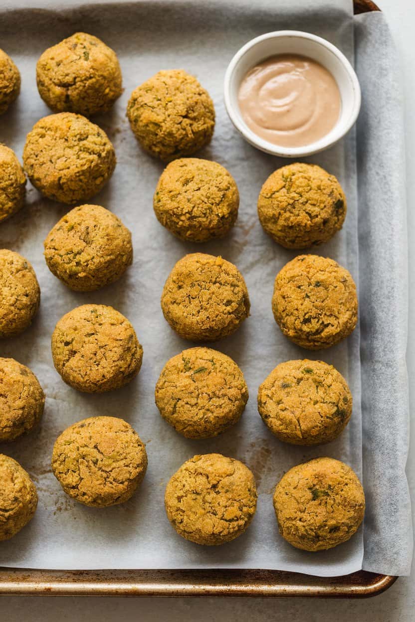 Indoor baking sheet lined with parchment holding round baked falafel balls, served with a side of tahini sauce. Photo, no text or logos.
