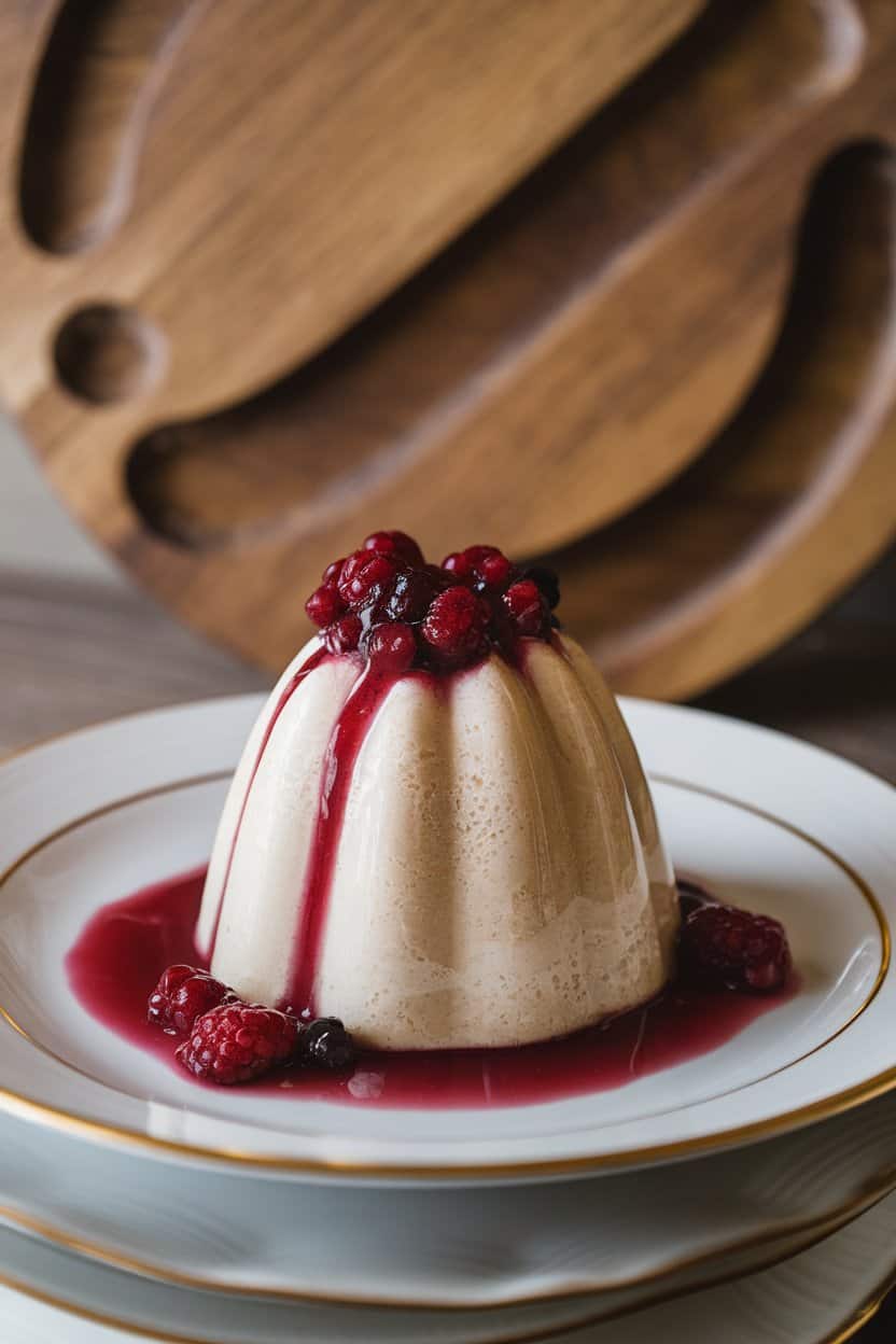 An indoor dessert plate holding a glossy, pale ivory carrageen moss pudding topped with a drizzle of berry coulis, soft window light highlighting its gentle wobble. No text or logos. Photo, not illustration.