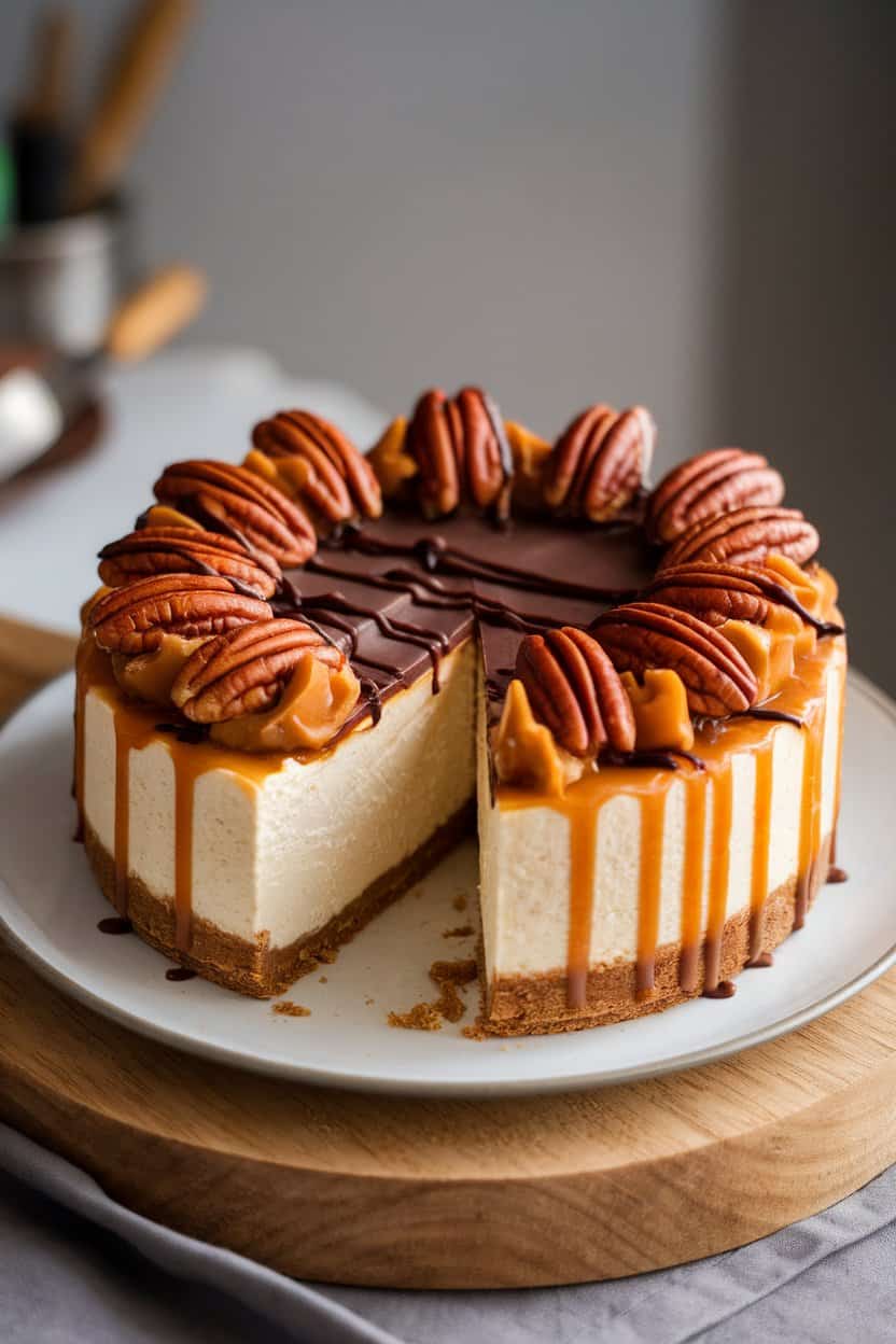 Indoor shot of a cheesecake topped with caramel, chocolate drizzle, and pecan halves, slice slightly pulled out. No text or logos.