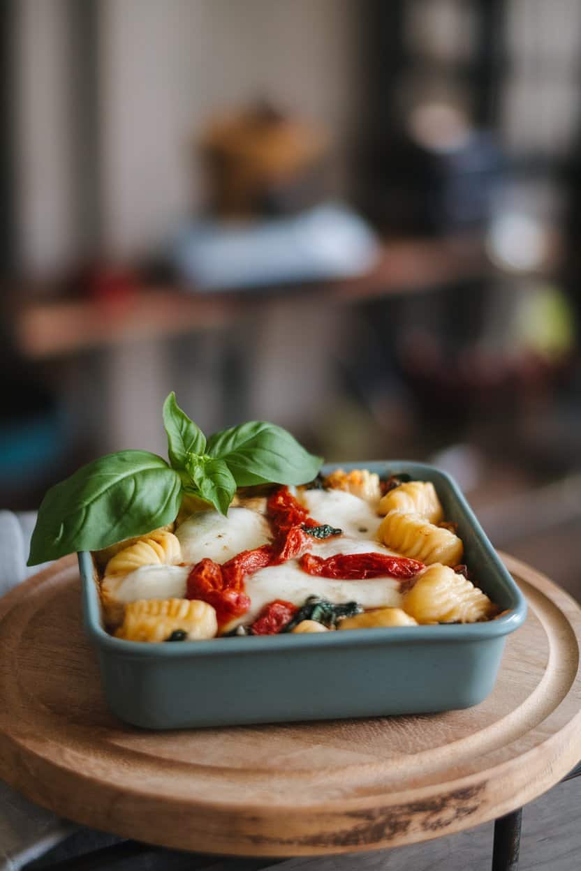 Indoor photo of a small baking dish filled with gnocchi, melted mozzarella, sun-dried tomatoes, and spinach peeking through, no text or logos