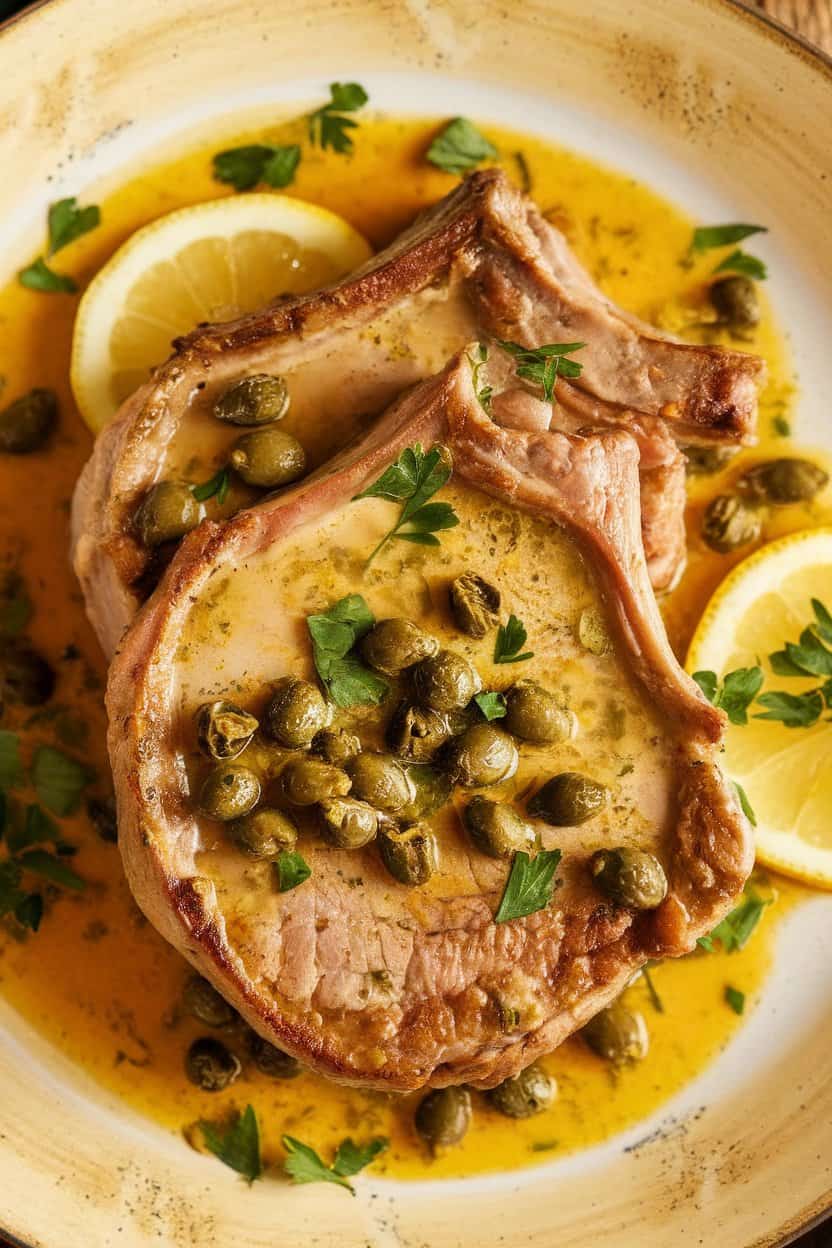 A warmly lit indoor plate featuring boneless pork chops in a bright lemon-capers sauce, garnished with parsley. No text or logos. Photo only.