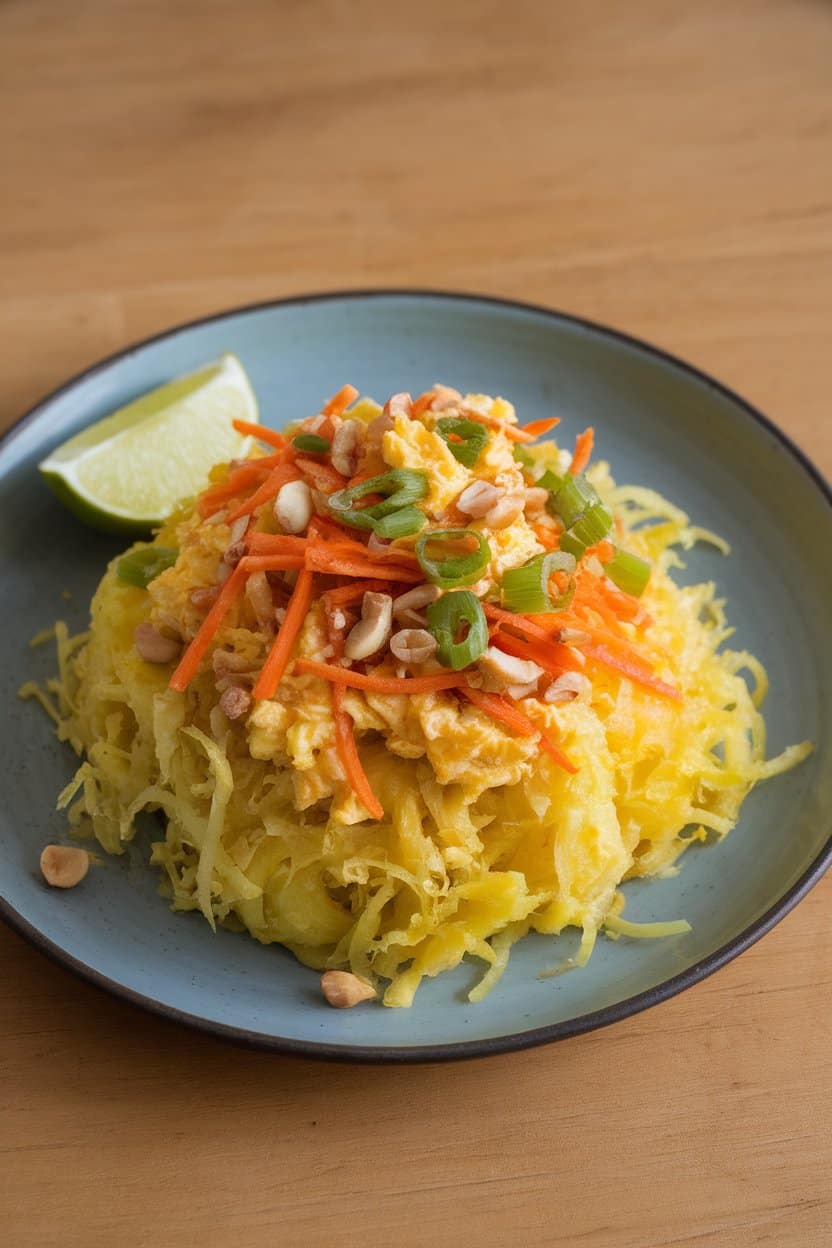 An indoor plate featuring cooked spaghetti squash strands tossed with scrambled egg, shredded carrots, scallions, and peanuts, lime wedge on side. No text or logos. Photo only.