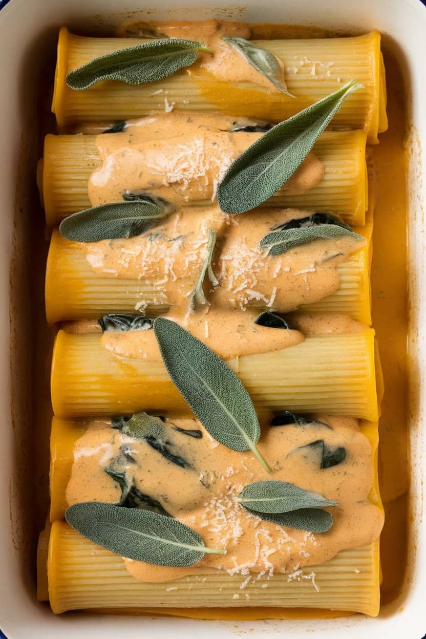 An indoor baking dish showing rolled cannelloni tubes stuffed with pumpkin purée and spinach, topped with creamy sage sauce, no text or logos.