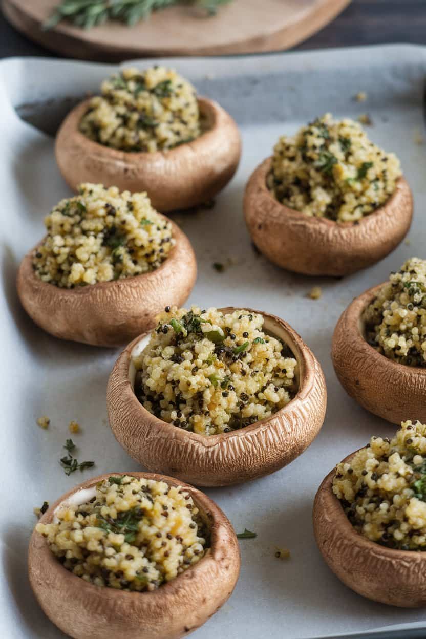 Indoor photo of large baked mushroom caps filled with herbed quinoa on a parchment-lined tray; no text or logos