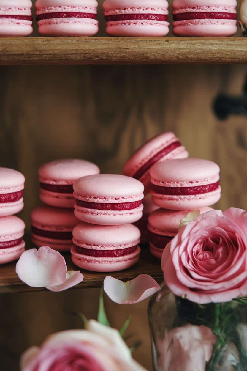 An indoor patisserie display of delicate pink macarons filled with raspberry-rose buttercream, a few rose petals scattered nearby. No text or logos.