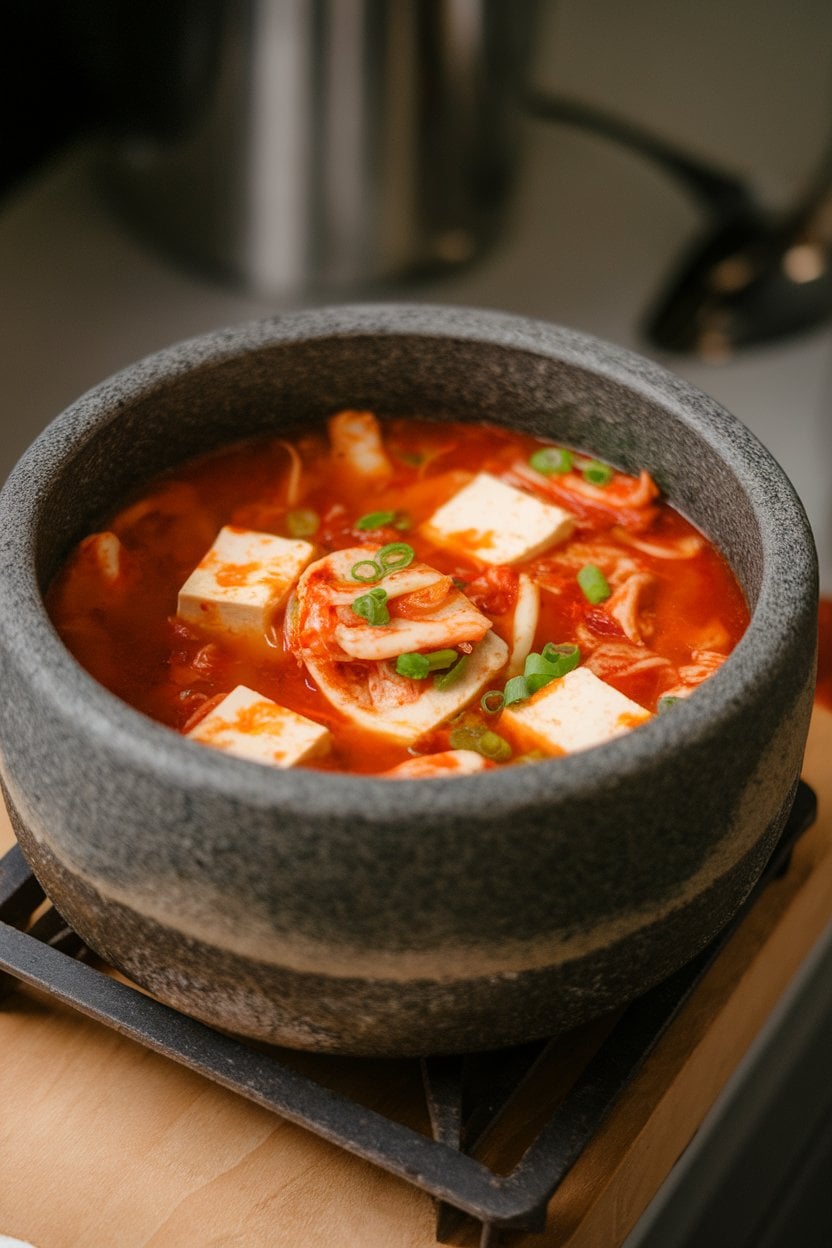 Indoor photo of bubbling kimchi stew with tofu cubes and scallions in a stone pot placed on a trivet. No text or logos.