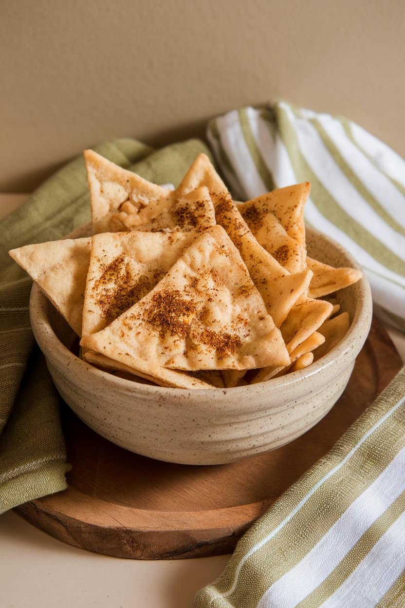 Indoor photo of triangular pita chips sprinkled with za'atar spice piled in a shallow ceramic bowl; side lighting, no text or logos.