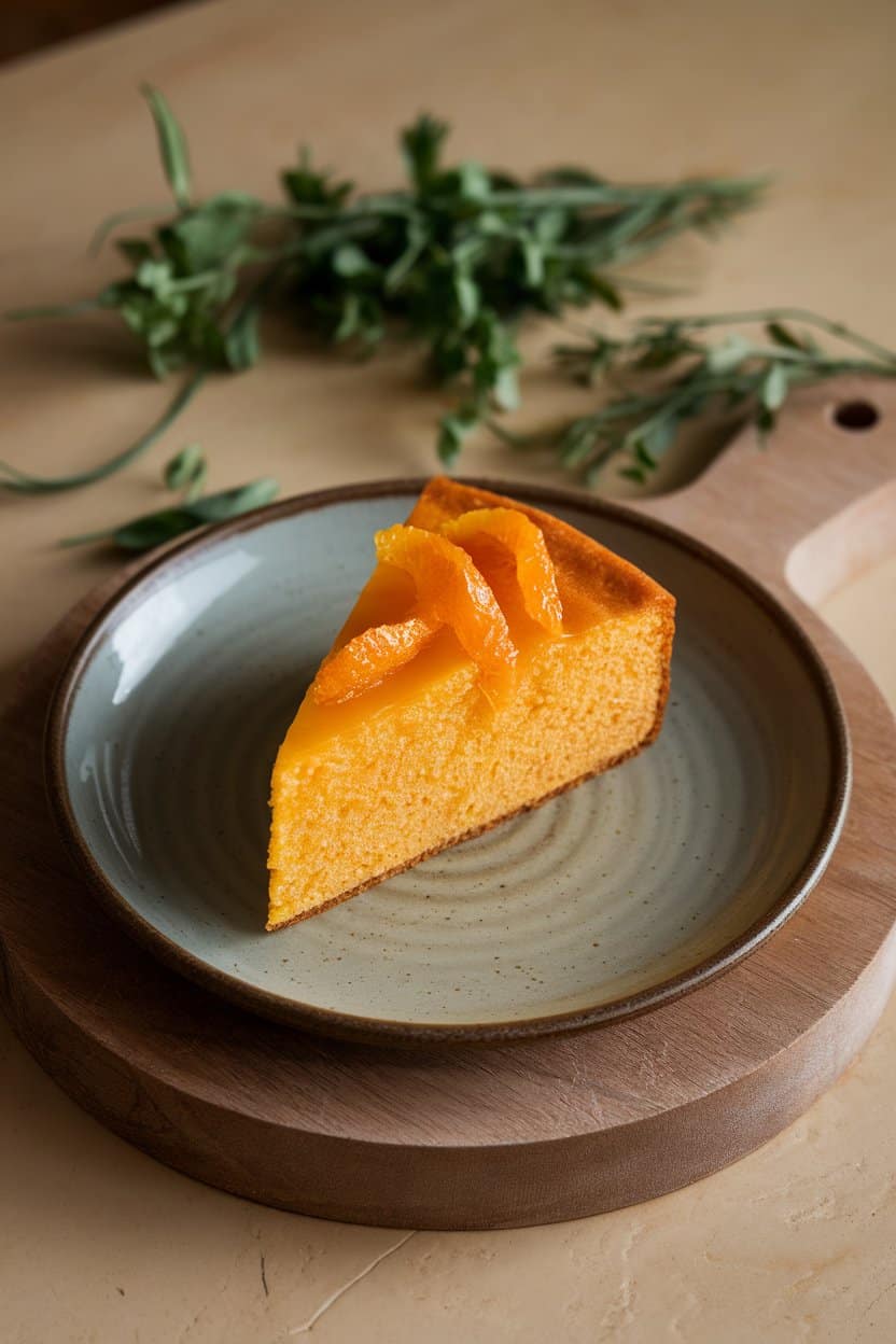 Indoor photo of a single slice of golden polenta cake on a ceramic plate, candied orange peel garnish. Elegant, soft lighting, no text or logos.