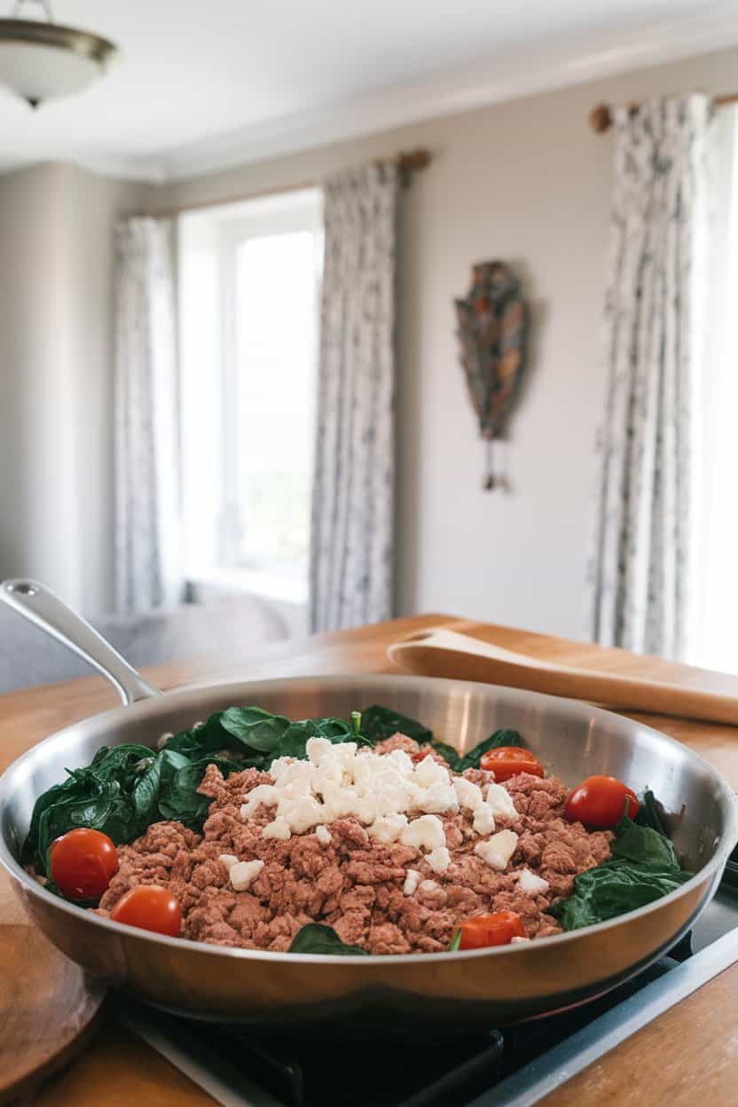 An indoor kitchen island featuring a shallow sauté pan filled with crumbled ground turkey, wilted spinach, cherry tomato halves, and crumbled feta on top. Soft overhead lighting, no text or logos.