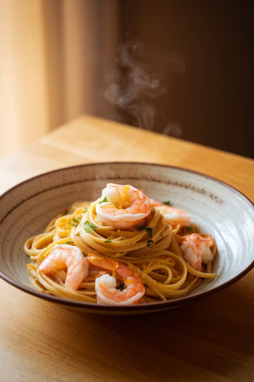 A warmly lit indoor table displaying a shallow bowl of linguine twirled with cooked shrimp, flecks of parsley, and lemon zest. Steam rises softly, and no text or logos appear on dishware. Photo only.