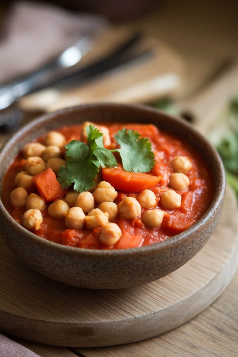 Indoor photo of a rustic bowl of tomato-based chickpea stew with carrots, apricots, and a sprinkle of cilantro. No text or logos visible.