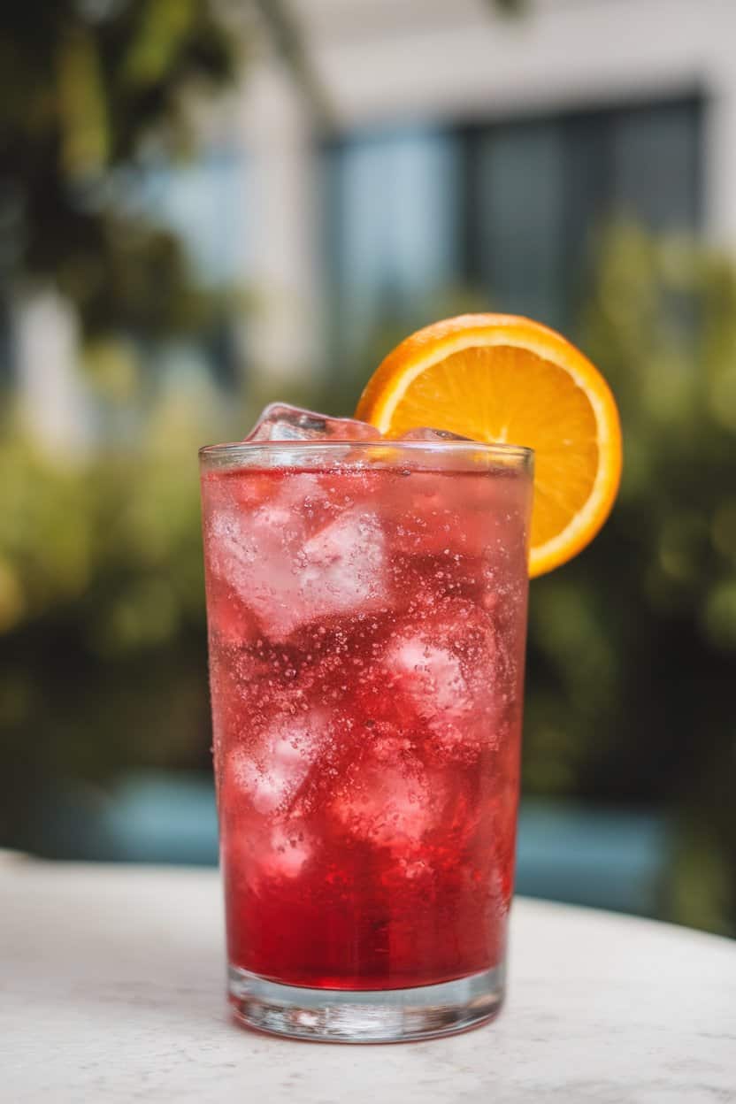 Indoor shot of a tall glass holding bright crimson hibiscus mocktail, ice cubes sparkling, and an orange wheel garnish. No text or logos present. Photo only.