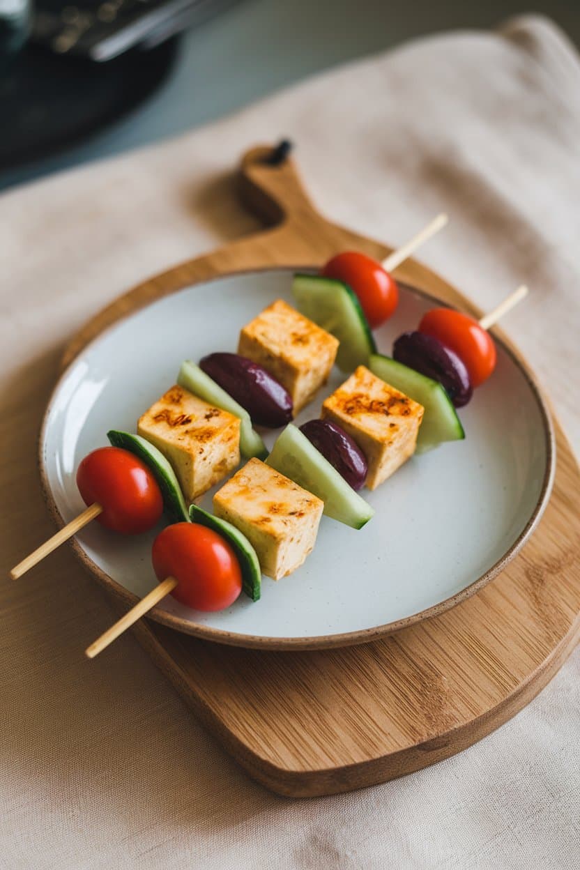Indoor photo of toothpick skewers featuring marinated tofu cubes, cucumber chunks, olives, and cherry tomatoes. No text or logos.