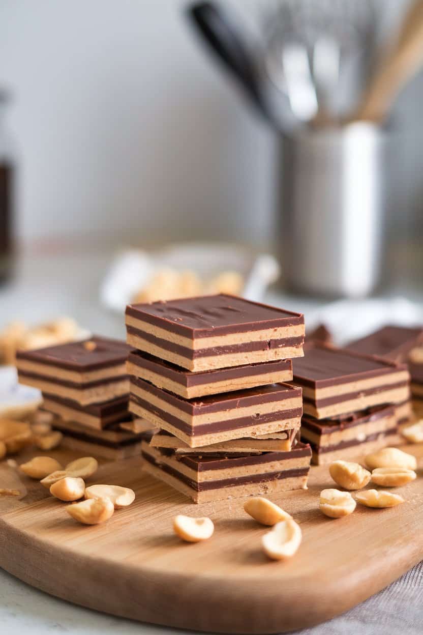 Indoor shot of neatly stacked peanut butter and chocolate layer bars on a wooden cutting board, peanut halves scattered around, no text or logos, photographed.