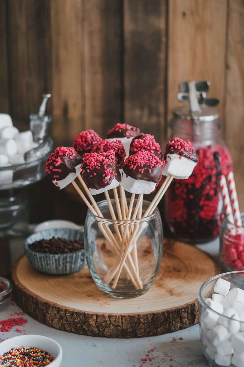 An indoor candy station with marshmallows on sticks dipped in dark chocolate and sprinkled with crushed freeze-dried raspberries, no logos or text.
