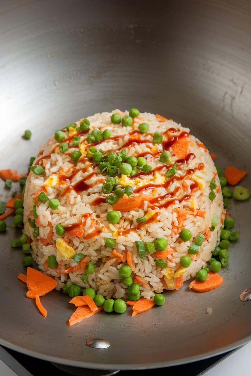 An indoor wok view of vegetable fried rice with peas, carrots, scrambled egg ribbons, and soy sauce sheen. Photo, no text or logos.
