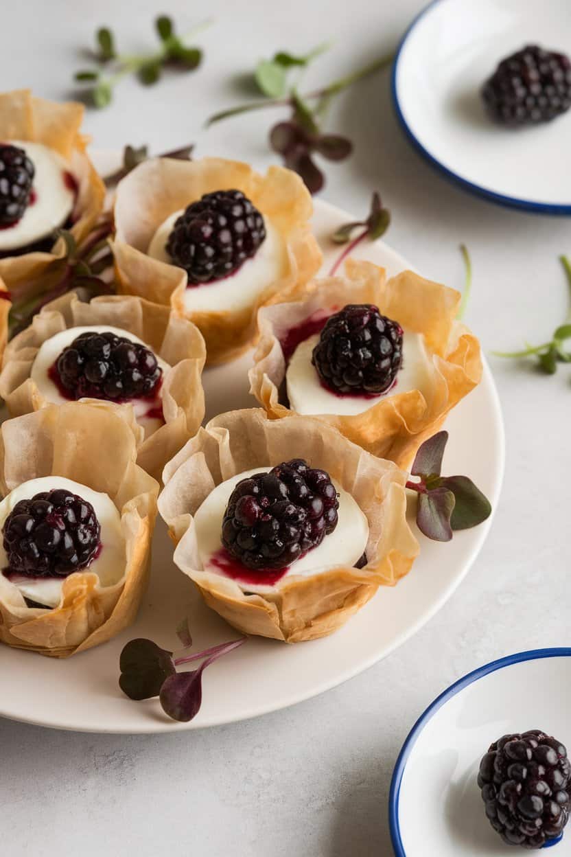 An indoor appetiser plate holding crisp phyllo cups filled with melted brie and a scoop of blackberry preserves, micro-greens scattered around. No text or logos visible.