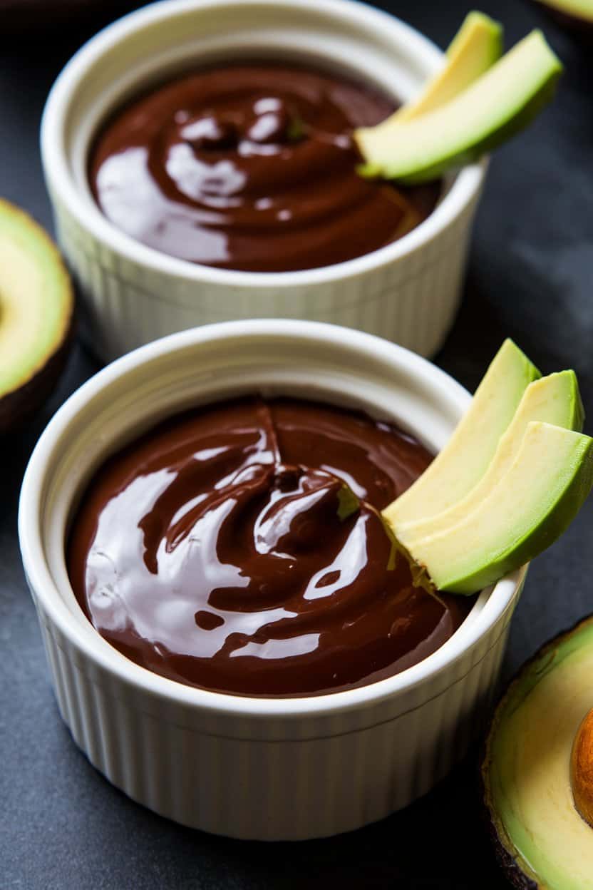 An indoor tabletop shot of two ceramic ramekins filled with glossy dark chocolate mousse, tiny avocado slices on the side hinting at the secret ingredient. Soft directional lighting; no text or logos visible.