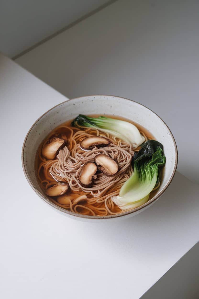 Indoor photo of light brown miso broth filled with buckwheat soba noodles, sliced shiitake, and bok choy, in a minimalist bowl. No text or logos.