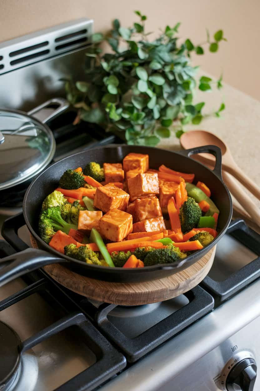Photo of a skillet on an indoor stovetop with glazed tofu cubes and stir-fried broccoli, carrots, and bell peppers in teriyaki sauce. No logos visible.