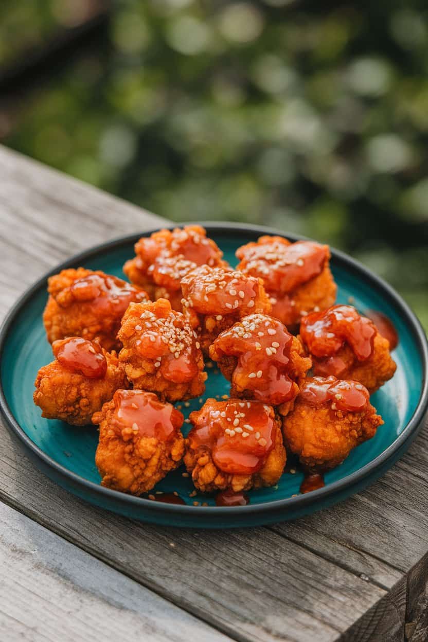An indoor plate of bite-size fried chicken pieces glazed with sticky red-orange Korean sauce, sesame seeds sprinkled on top. No text or logos. Photo only.