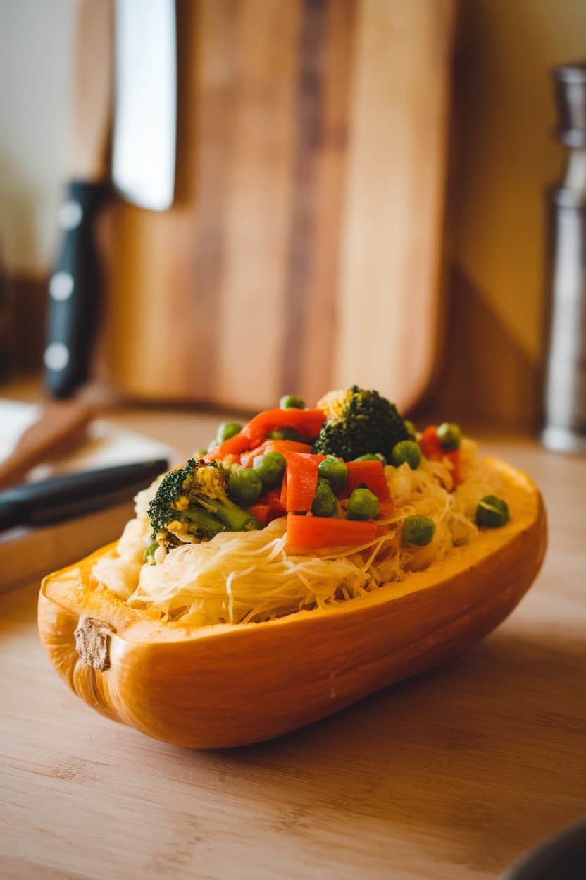 An indoor kitchen table holding a spaghetti squash boat filled with cooked squash strands mixed with sautéed broccoli, peas, and carrots, lightly coated in marinara. Warm lighting, no text or logos.