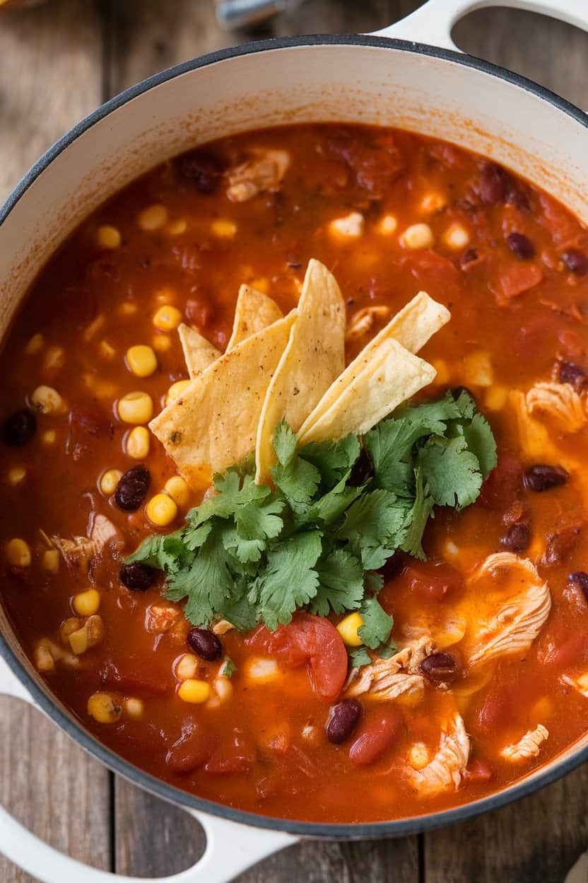 An indoor Dutch oven filled with tomato-based tortilla soup featuring chicken, beans, and corn, garnished with cilantro. No text or logos; photo only.