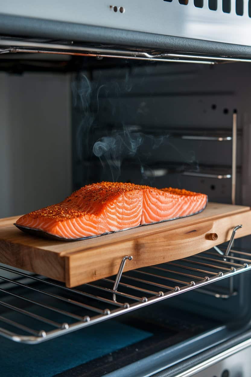 Photo of an indoor oven rack with a cedar plank holding spice-rubbed salmon, smoke wafting slightly, wood grain visible. No text or logos.