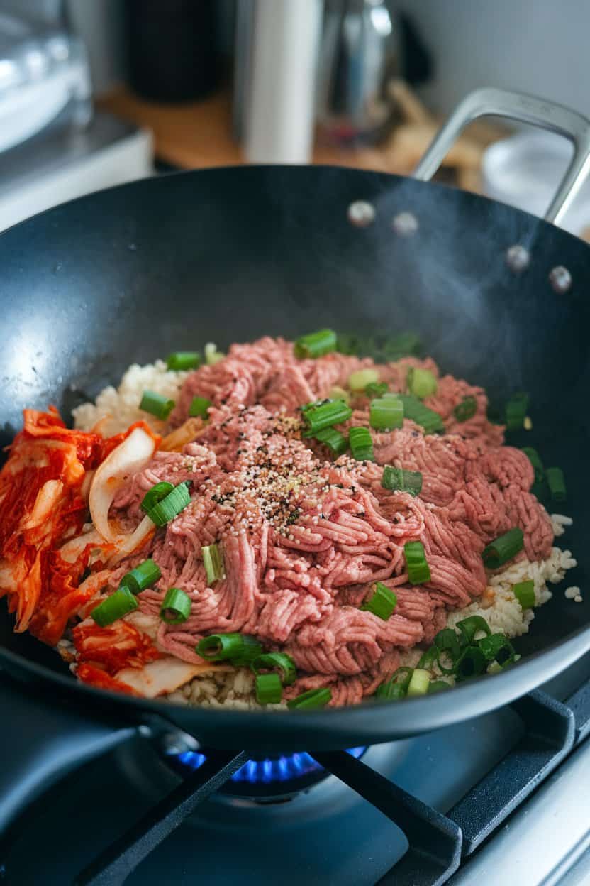 Indoor stovetop view of a wok filled with ground turkey, kimchi, day-old rice, and scallions, sesame seeds sprinkled on top. No text or logos.