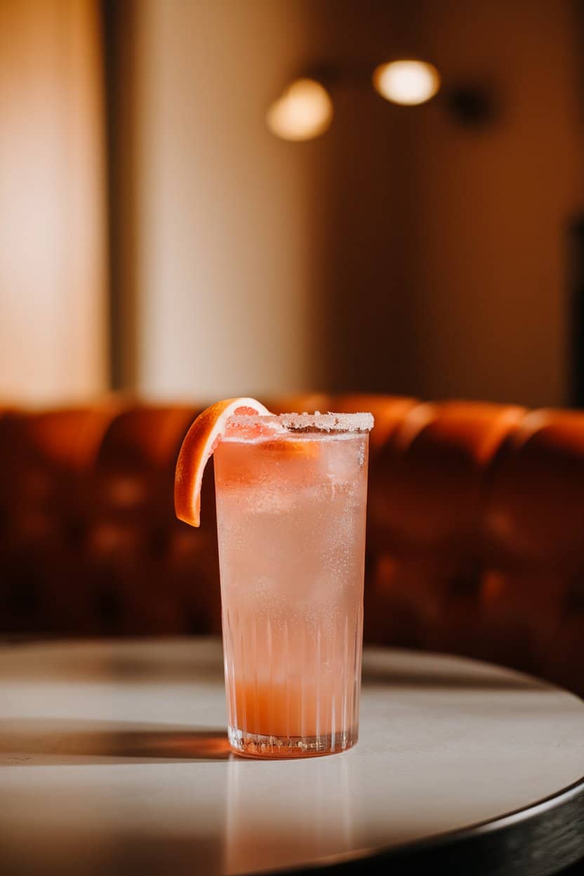 Photo of an indoor table with a highball glass of blush-pink grapefruit mocktail, sugar-rimmed edge, grapefruit twist hanging from lip; warm interior lighting; no text or logos.