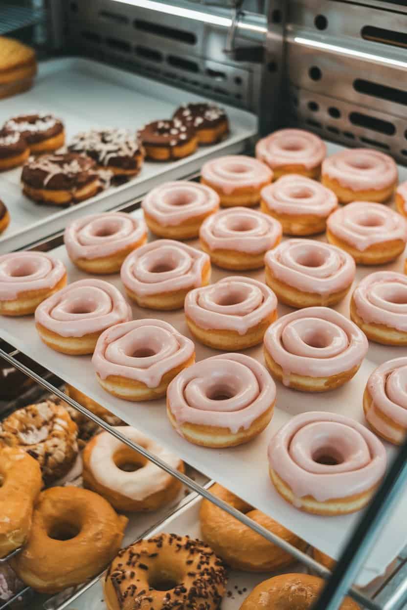 An indoor bakery case featuring bite-size donuts glazed in pale pink and molded into rose petal shapes, no text or logos present.