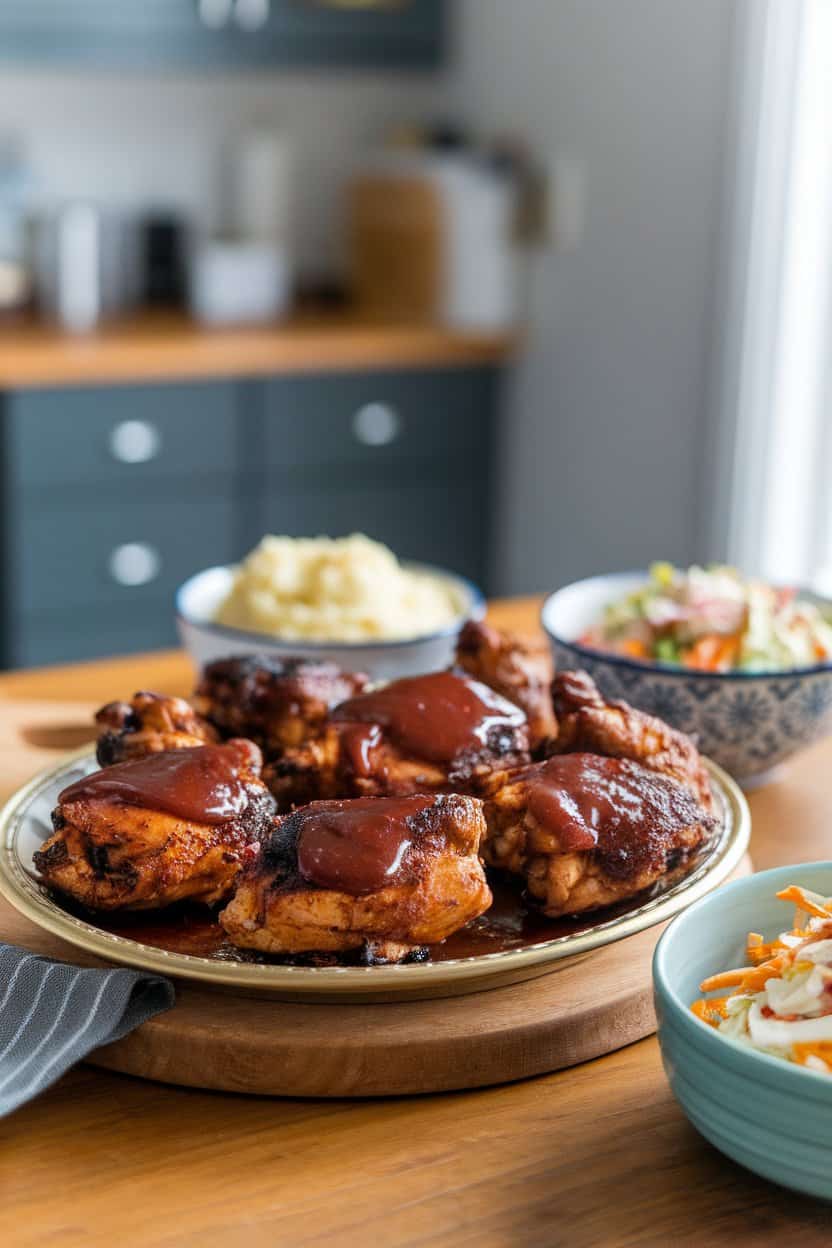 Indoor dining table featuring a platter of oven-baked chicken thighs brushed with thick barbecue sauce, slight char on edges. Clearly photographed, no visible branding.