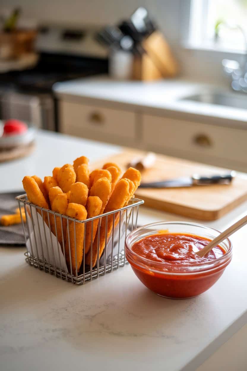 A kitchen island with a basket of golden air-fried mozzarella sticks next to a bowl of marinara. No text or logos.