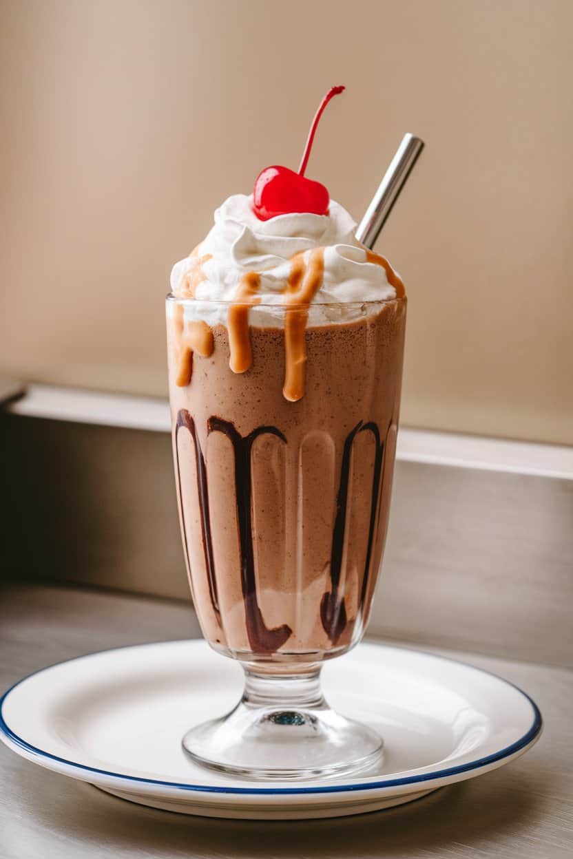 Indoor photo of a classic diner glass filled with thick chocolate shake, peanut butter drizzle inside the glass, topped with whipped cream; no text or logos.