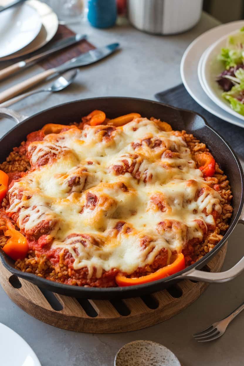 An indoor dining table with halves of bell peppers nestled in a skillet, filled with ground turkey, brown rice, and tomato sauce, melted cheese lightly browned on top. No logos or text.