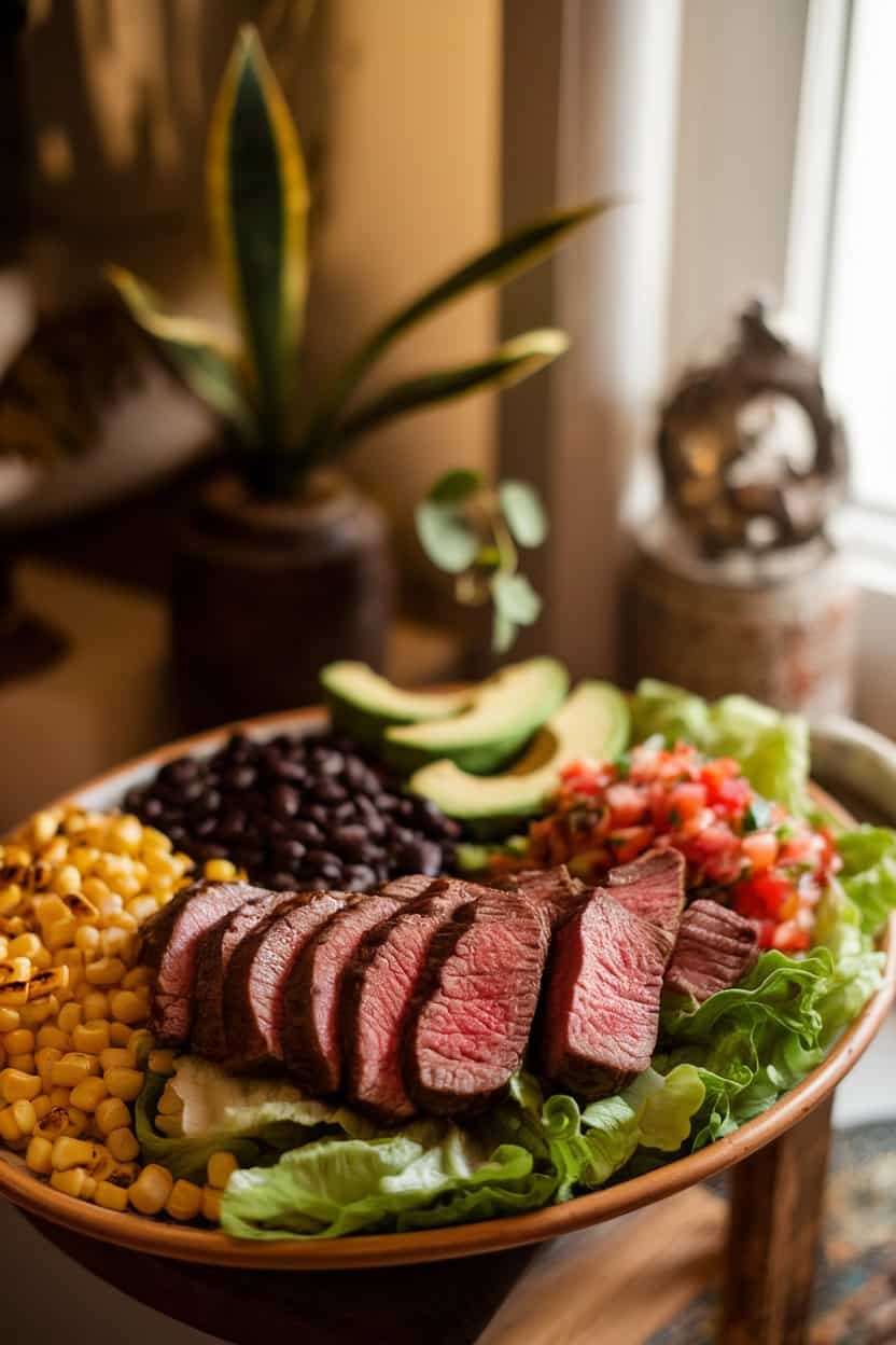 Photo of a warmly lit indoor scene featuring a platter of sliced medium-rare steak over romaine, grilled corn, black beans, avocado wedges, and pico de gallo, small drizzle of dressing visible. No text or logos.