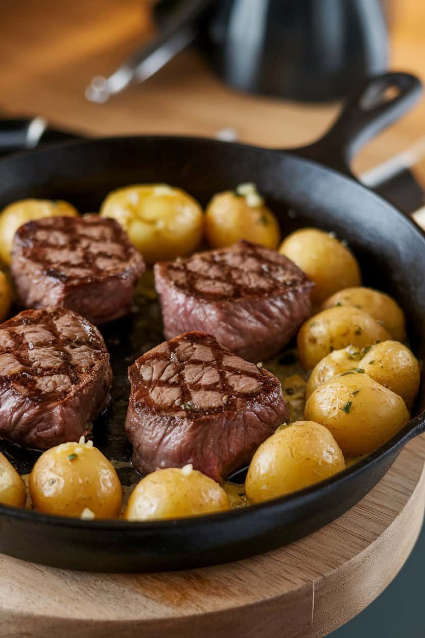 A cast-iron skillet of seared steak bites and golden baby potatoes coated in garlic butter, photographed inside under warm lighting. No text or logos. Photo only.