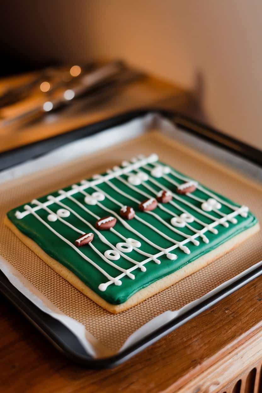 Photo of a large rectangular sugar cookie on a baking sheet, frosted green with white yard-line piping and small candy players, shot indoors under warm lighting. No text or logos anywhere in the scene.