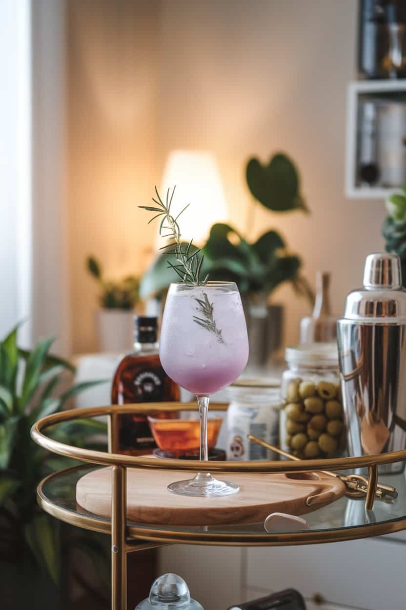 Photo of an indoor bar cart featuring a stemless wine glass of pale purple grape mocktail, single rosemary sprig submerged, spotlight glow; no text or logos.