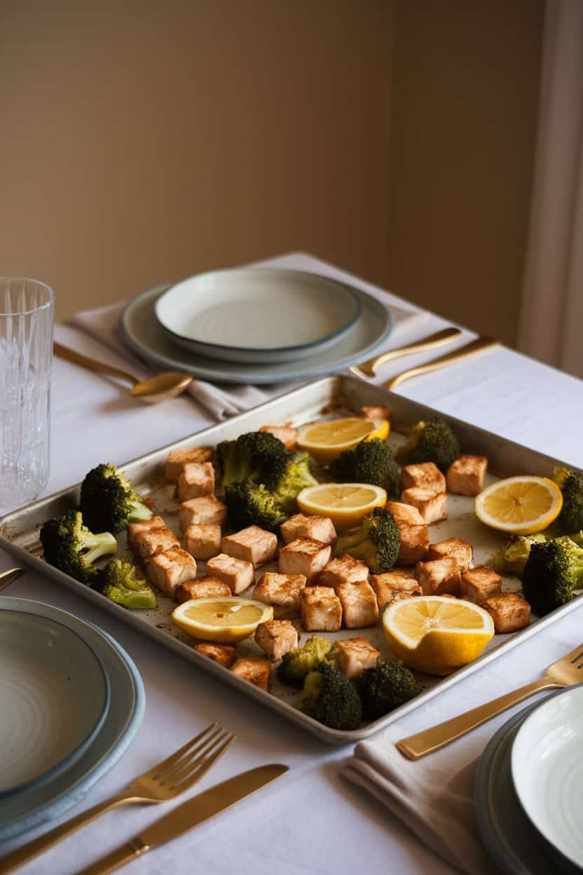 A softly lit indoor dining table featuring a sheet pan loaded with roasted tofu cubes, broccoli florets, and lemon slices glistening with olive oil; no text or logos on bakeware.
