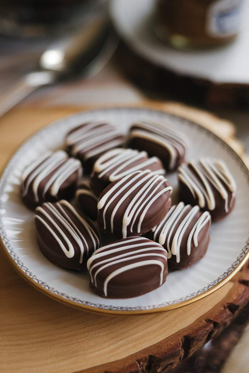 Photograph shot indoors of oval peanut butter candies coated in milk chocolate with white chocolate laces, arranged on a plate. No logos or text.