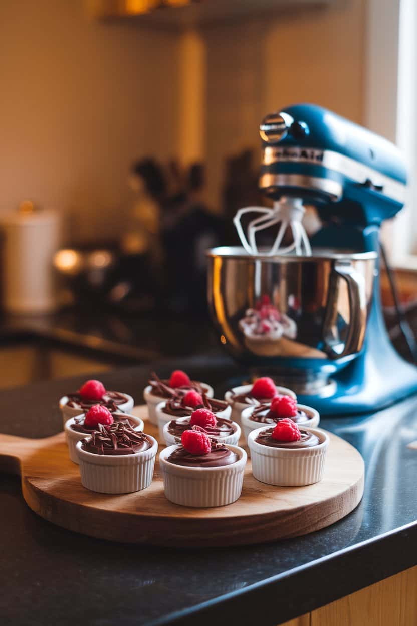 An indoor kitchen island with small ramekins of silky dark mousse topped with shaved chocolate and a single raspberry; overhead warm lighting; no text or logos.