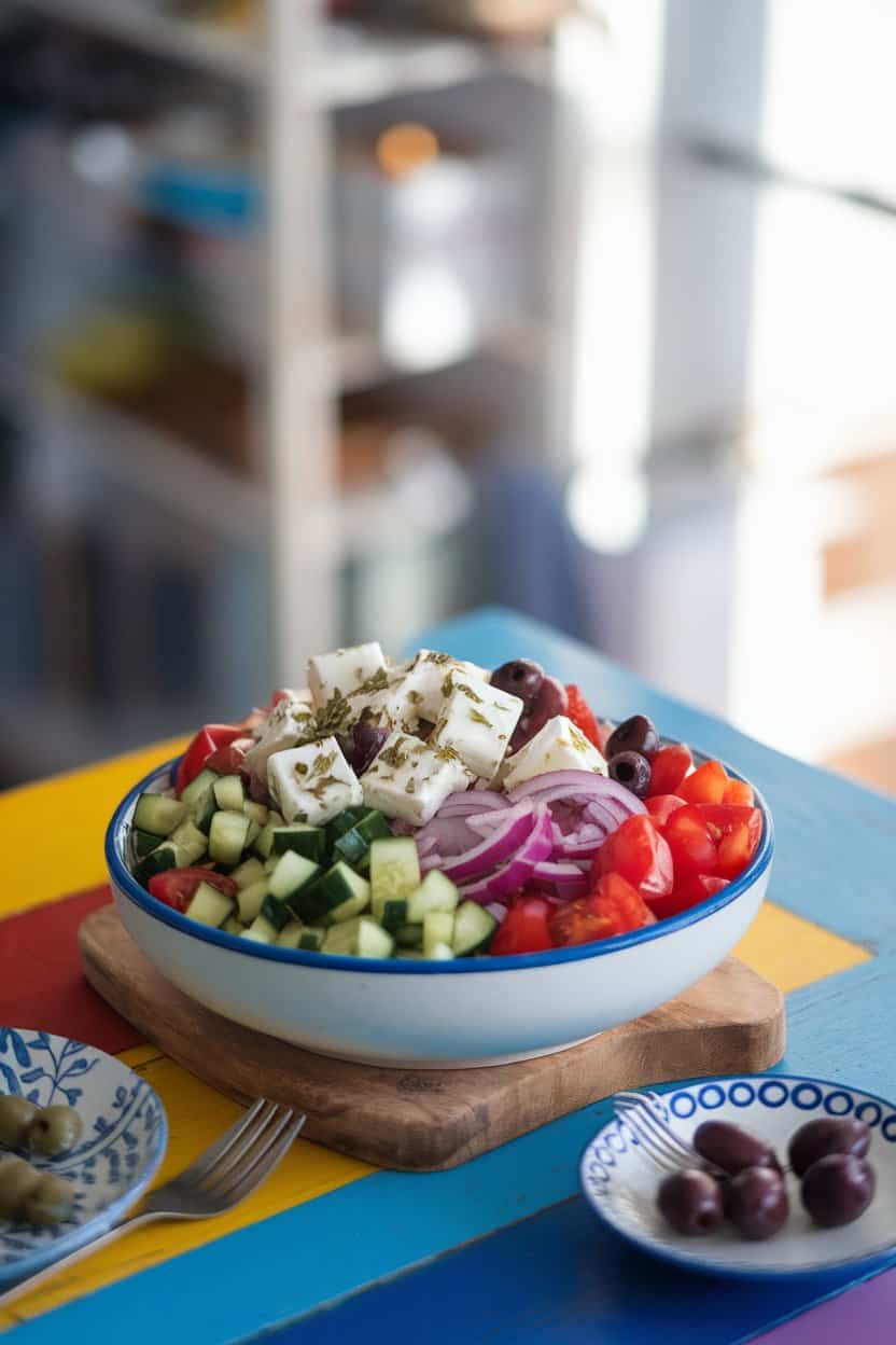 Photo of a colorful indoor tabletop featuring a bowl of chopped cucumbers, tomatoes, red onion, Kalamata olives, and feta cubes lightly dressed with olive oil and oregano. Soft natural lighting from a nearby window, no text or logos anywhere in the scene.