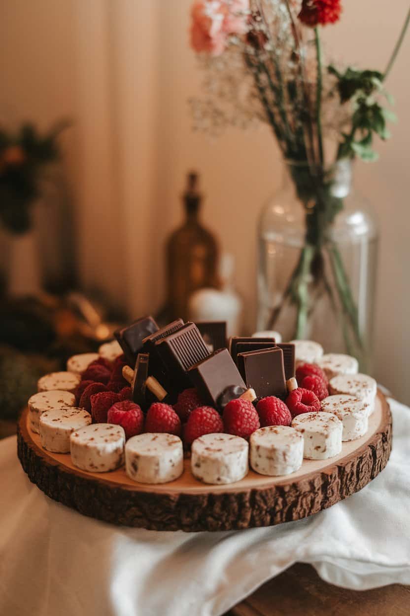 Indoor photo of a wooden platter holding dark chocolate squares, creamy goat cheese rounds, fresh raspberries, and cocoa-dusted almonds; warm lighting, no text or logos