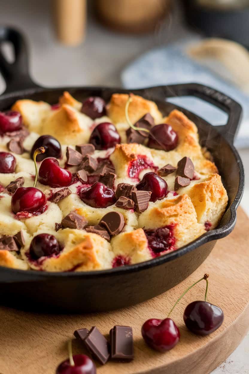 Photo: A cast-iron skillet of baked bread pudding studded with cherries and chocolate chunks, indoor setting, steam rising slightly. No text or logos visible.