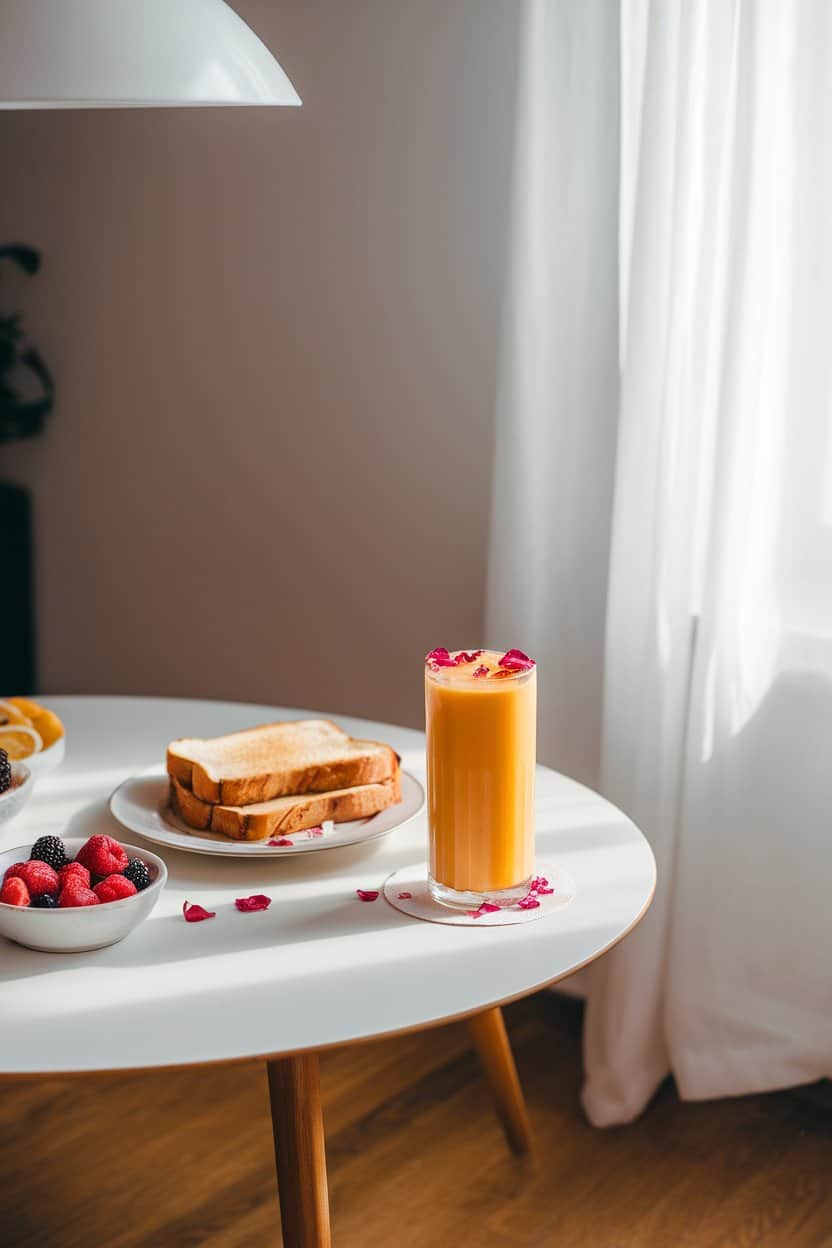 Photo of an indoor breakfast table with a tall glass of mango-orange mocktail lassi, rose petal garnish, soft morning sun through window; no text or logos.