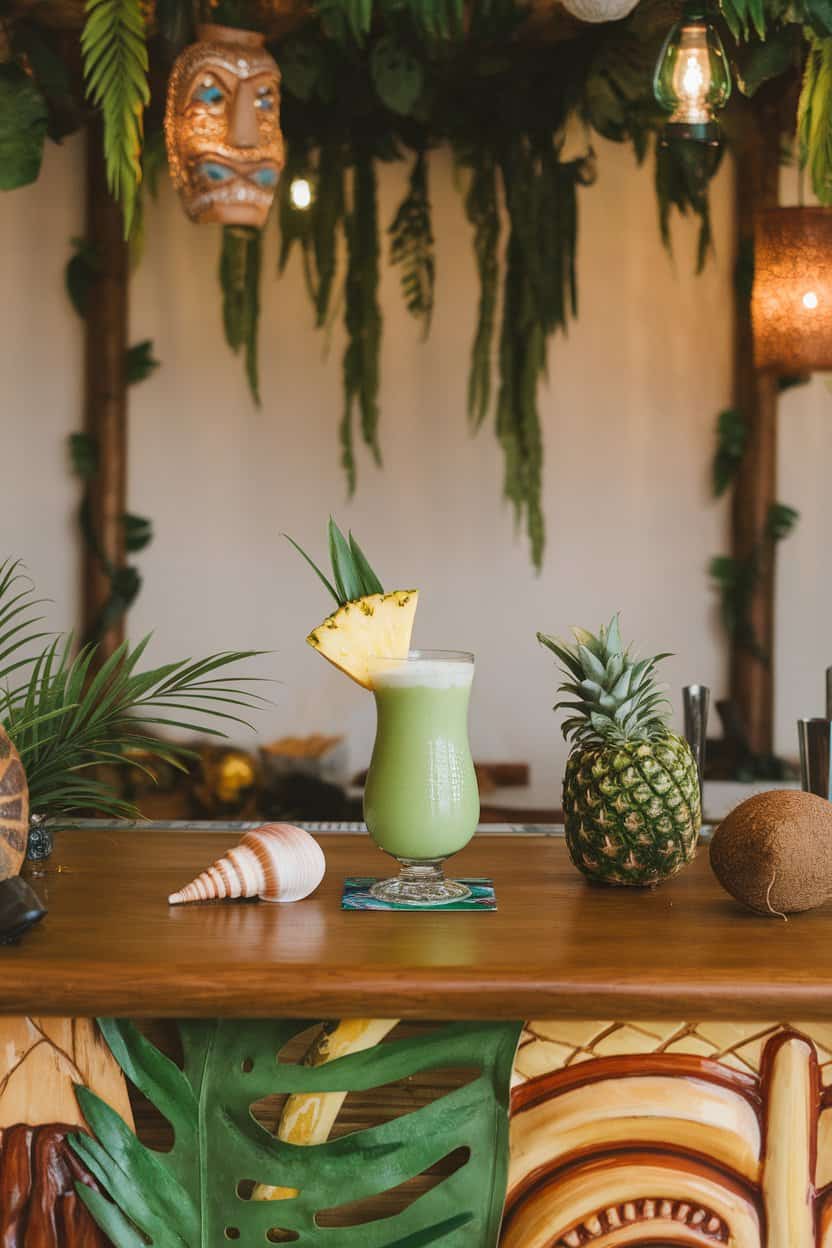 Indoor tiki-style bar setup featuring a hurricane glass of green piña colada, pineapple wedge garnish, no text or logos. Photo