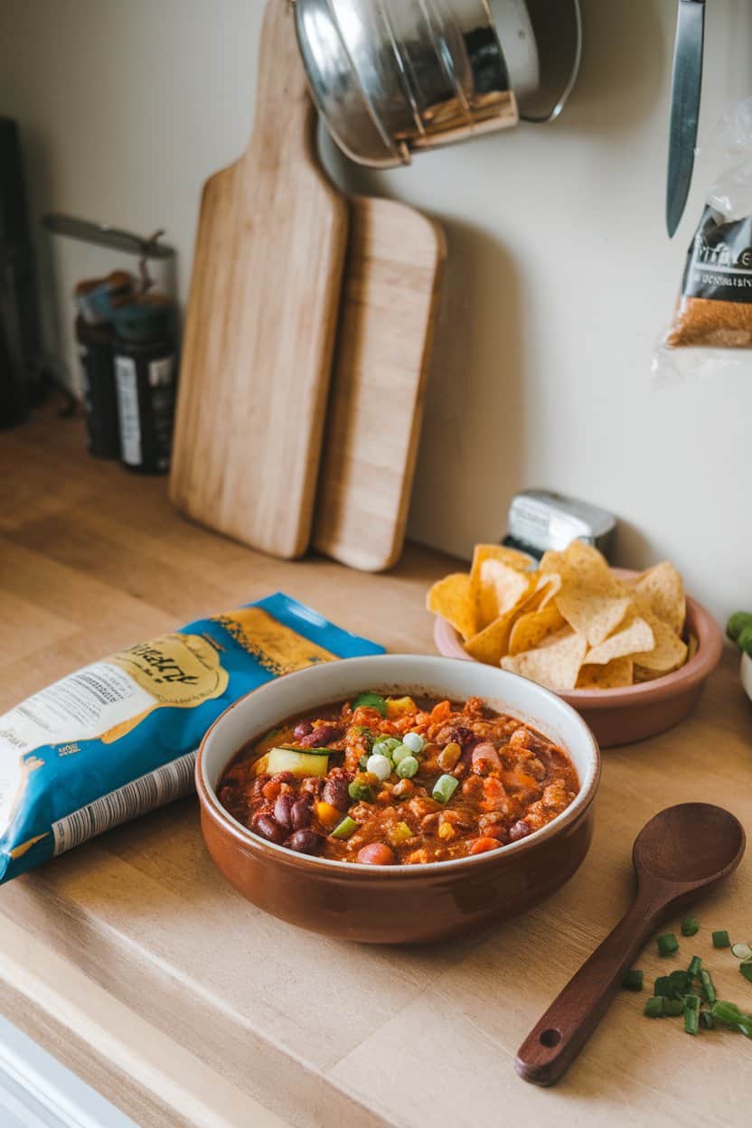 An indoor kitchen counter with a ceramic bowl of turkey chili studded with zucchini, bell peppers, and beans, garnished with green onions. No logos or text.