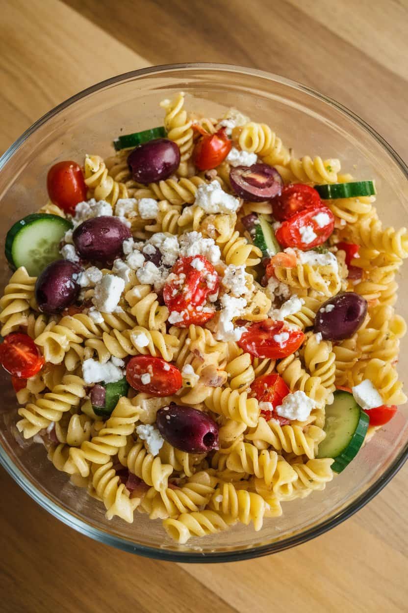 Indoor glass bowl featuring colorful Greek pasta salad with rotini, cucumbers, olives, cherry tomatoes, and feta, no visible logos.