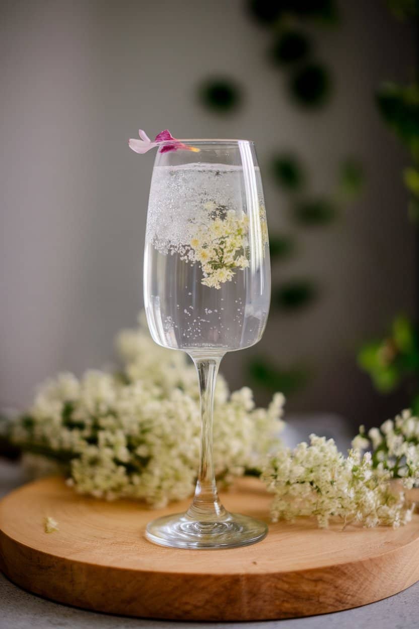 Indoor photo of a flute filled with pale elderflower cordial diluted with sparkling water, a single edible flower petal floating; no text or logos.